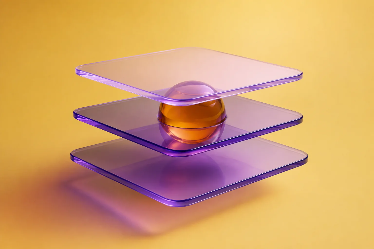 Layered violet glass sheets surrounding an amber sphere on pale yellow.