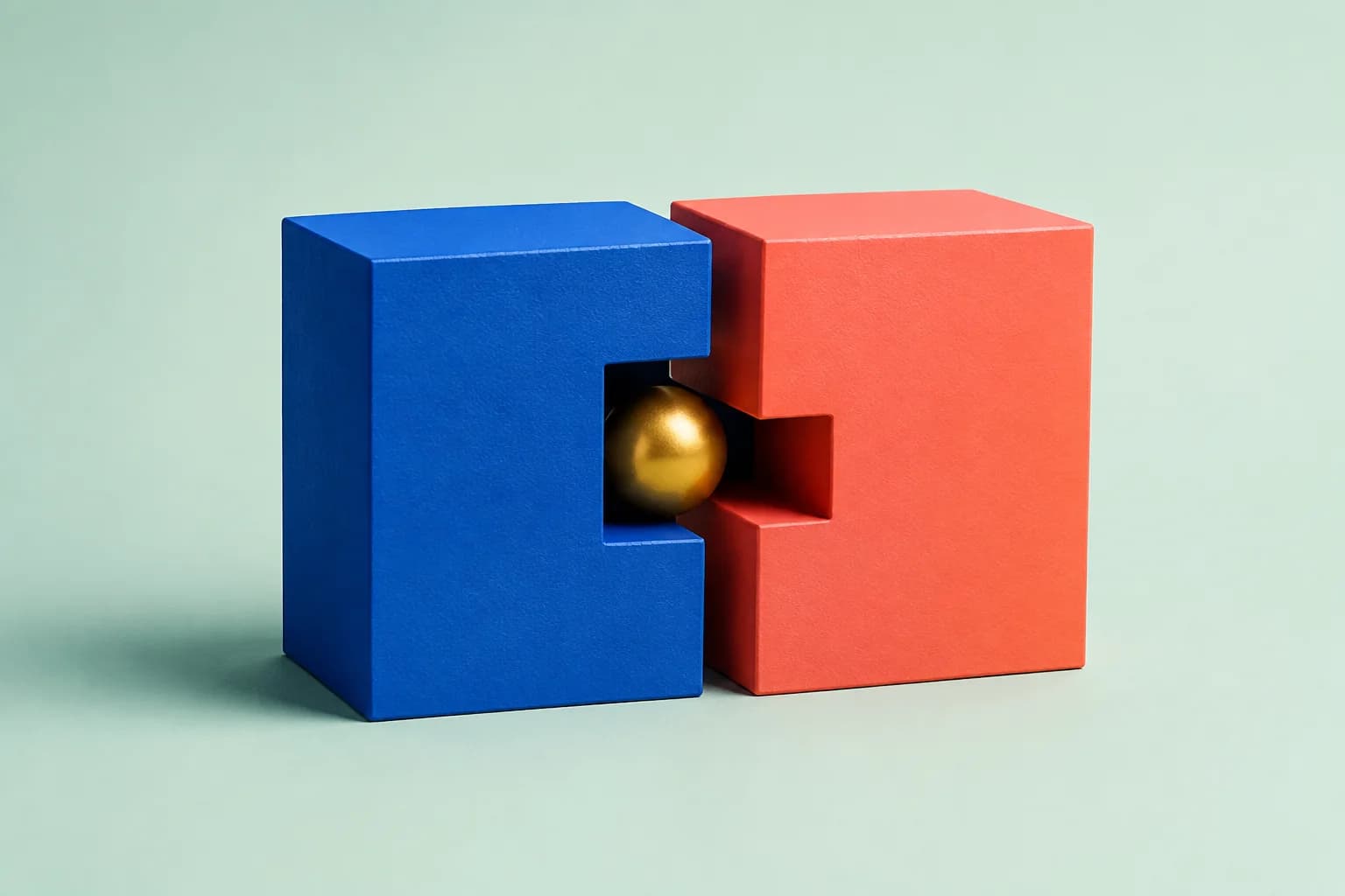 Blue and coral interlocking blocks framing a small golden sphere.
