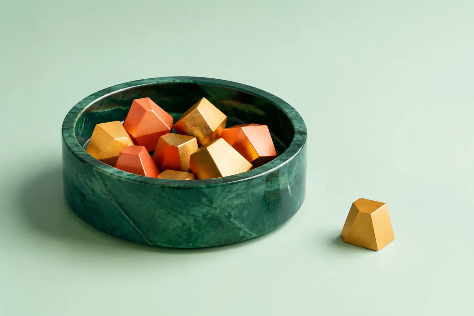 An emerald vessel holding coral and golden pieces, with a golden piece in reserve.