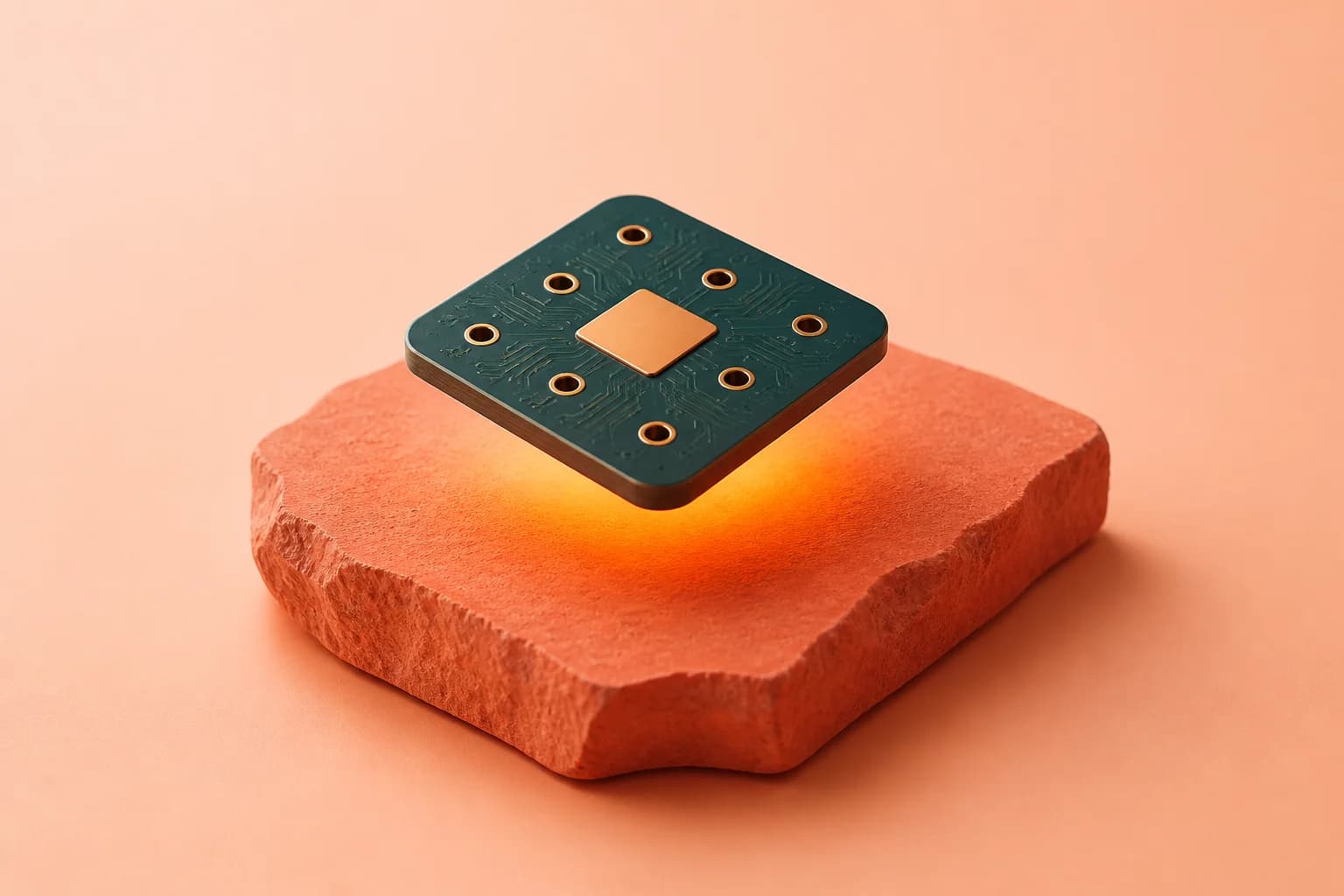 A teal board and copper thermal pad floating above a warm coral base.