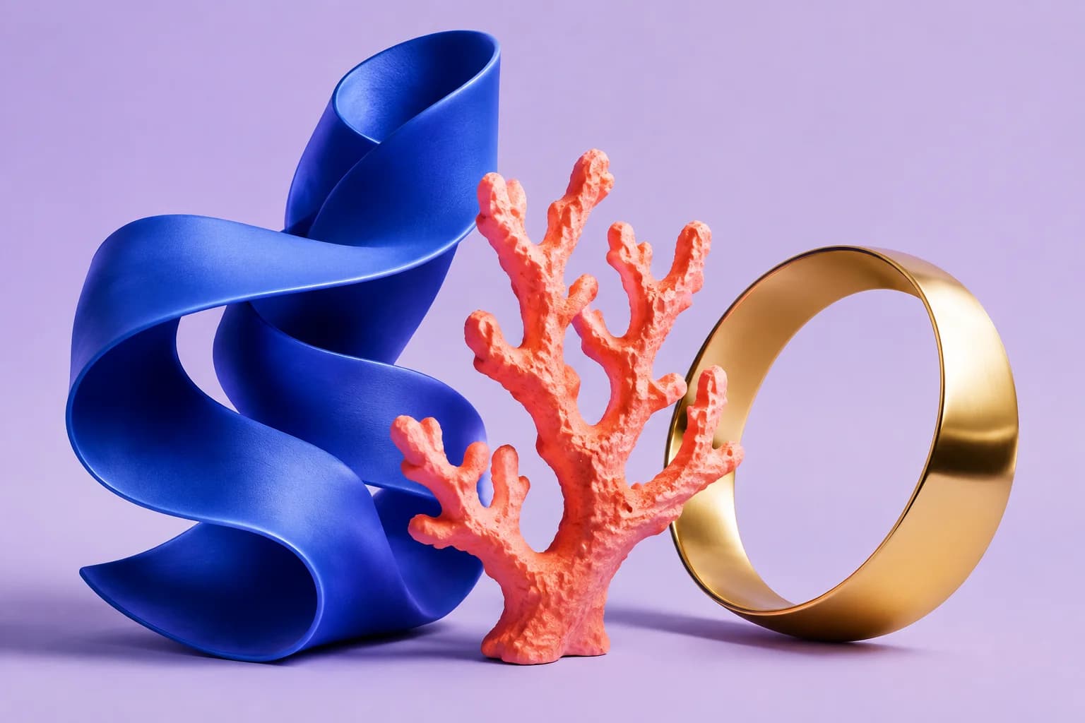 Three distinct blue, coral, and golden sculptures on a lavender background.