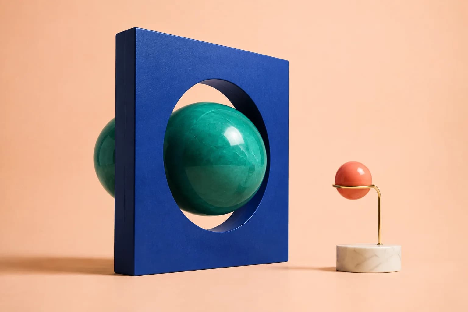 A jade sphere passing through a blue aperture, with a coral sphere outside.
