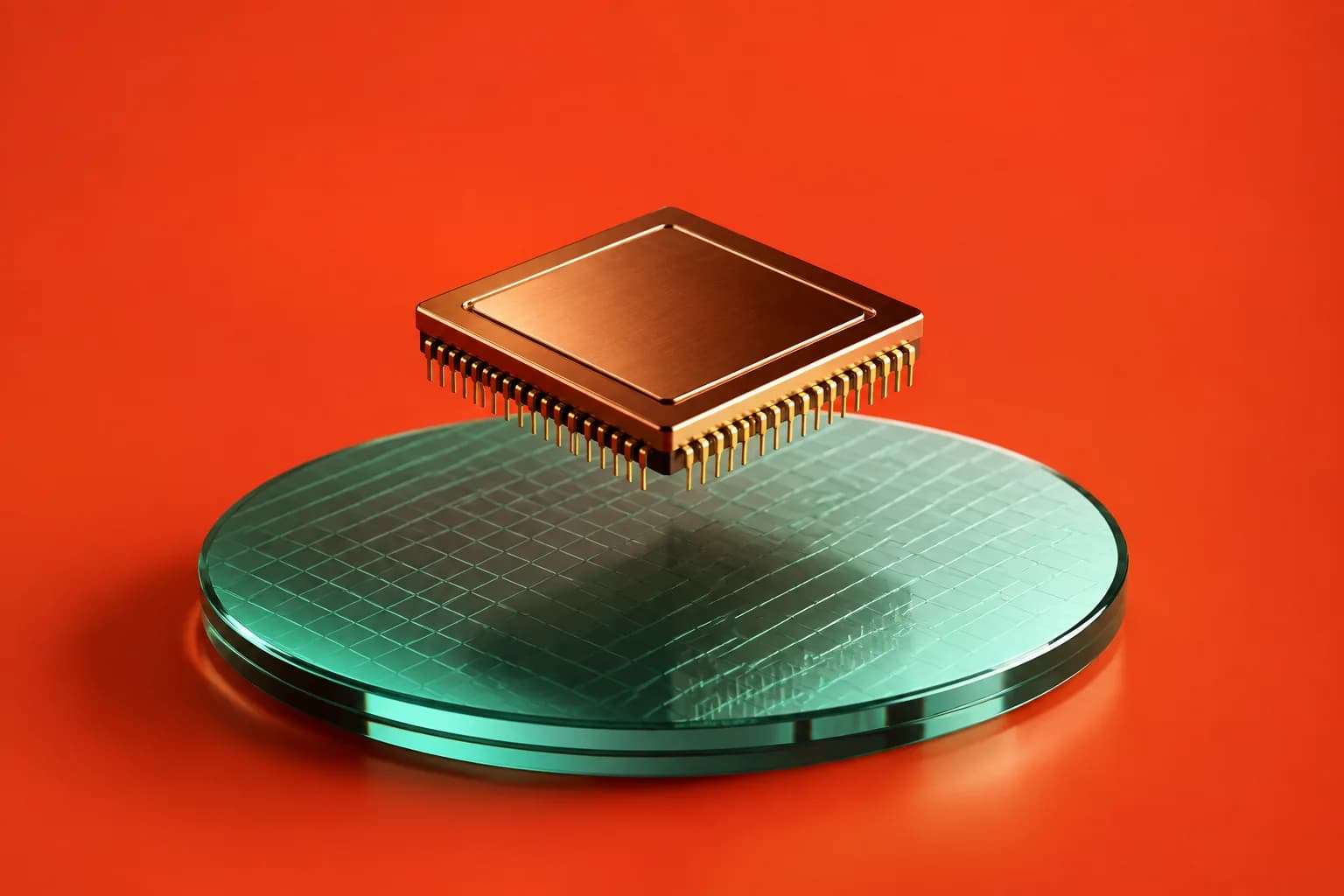 A copper microchip floating above a translucent green wafer against vivid coral.